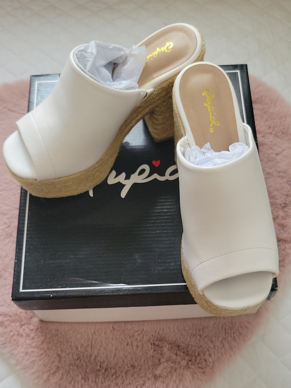 Qupid Cream Espadrille Platform Mule Heels